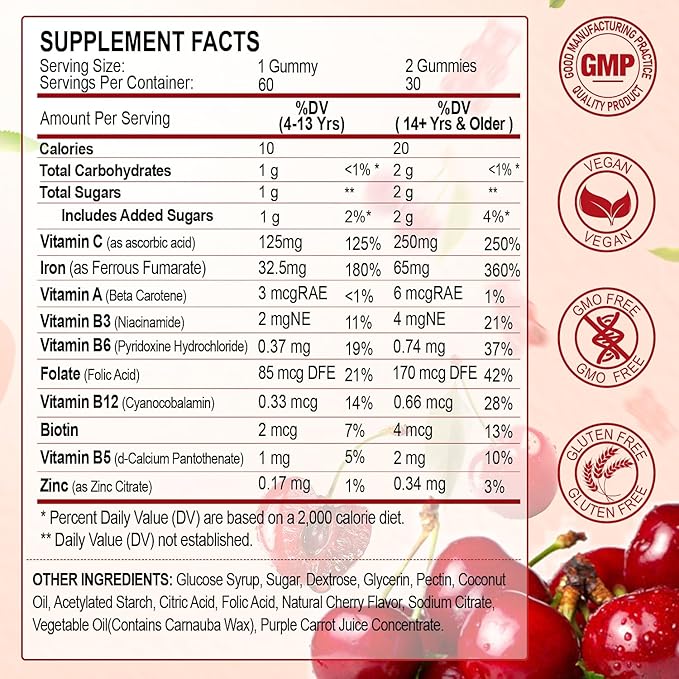 Iron Gummies Supplement for Women, Men & Kids, Iron 65mg with 250mg Vitamin C B6 B12 Folate Healthy Blood, Energy & Immune Support Gentle on Stomach Ferrous Fumarate, 120 Count