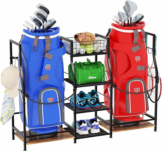 Golf Bag Storage Organizer for Garage Organization, Golf Bag Stand for Golf Bag Accessories, Spacious Golf Rack for Golf Clubs & Golf Essentials, Ideal Golf Gifts for Men (Fits 2 Golf Bags)