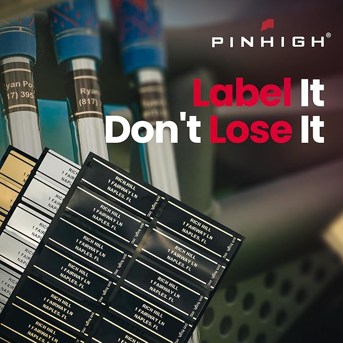 PIN HIGH: 40 Personalized Golf Club ID Labels | Weatherproof, Fade Resistant, Laminated Thermal Transfer Labels, Made in The USA, (Free Customization & Shipping), Black