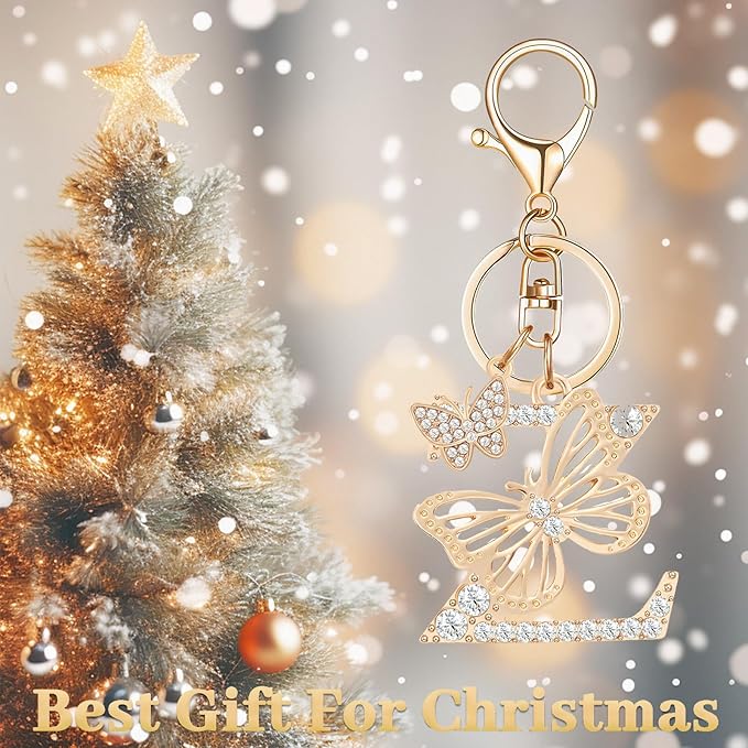 Gold Plated Alphabet Initial Letter Keyring Keychain for Women Girls Crystal Key Chains for Wallet Backpack Bag Charm