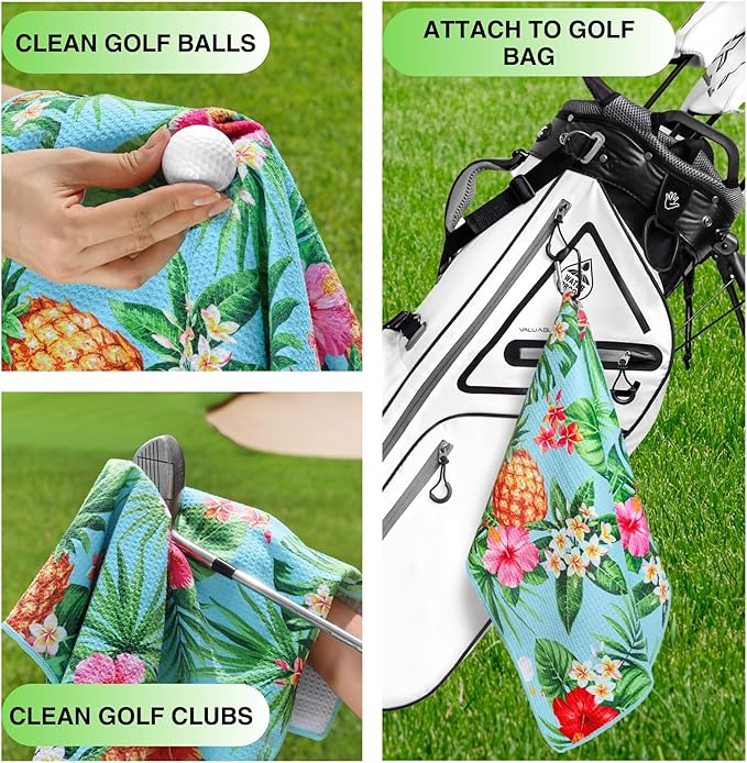 Microfiber Golf Towels for Golf Bags & Carts - Premium Weave Waffle & Ball Towels with Carabiner Clip, Essential Accessories for Men, Women and Kids, Golfer Gifts, Set of 2 (Pineapple Tropics)