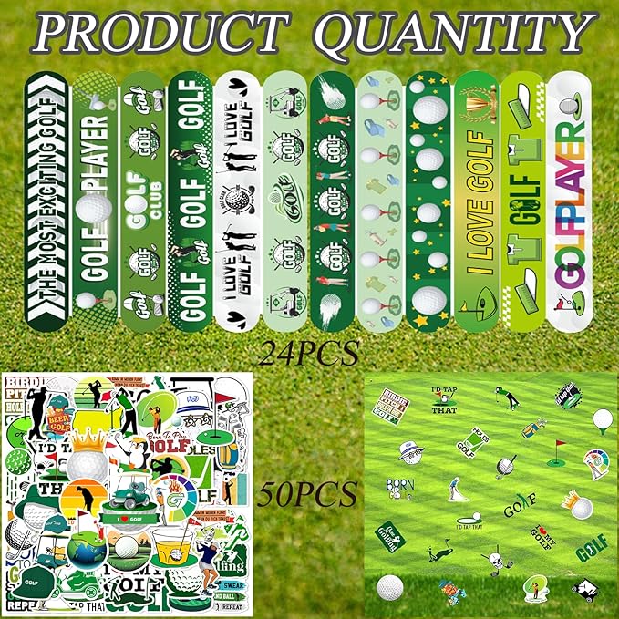 74Pcs Golf Theme Party Favors Contain 24 Pcs Slap Bracelets 50Pcs Stickers, Golf Sports Theme Birthday Party Decorations,Classroom Rewards Supplies.