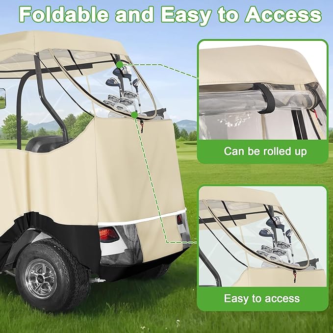 10L0L Golf Cart 2 Passenger Enclosure for EZGO TXT & RXV, 4-Sided Clear Window Rain Cover All Weather Waterproof Windproof, Beige