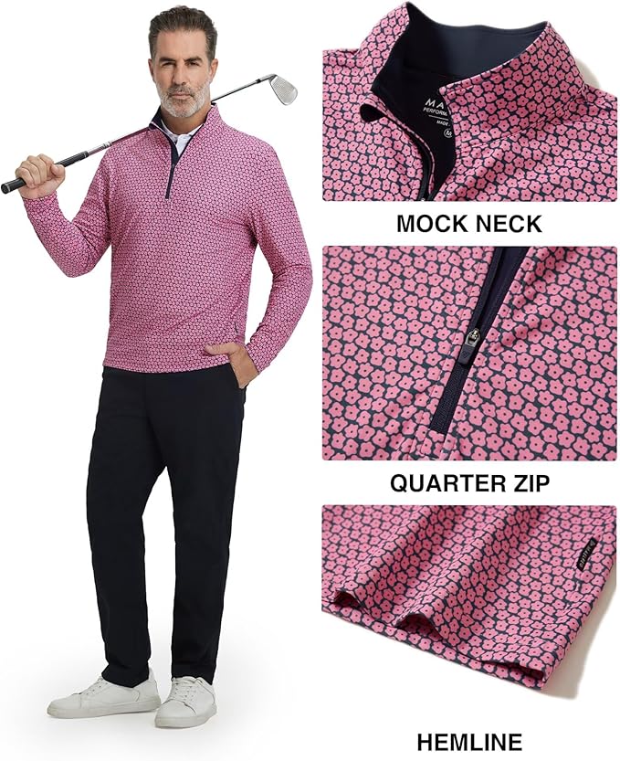 M MAELREG Quarter Zip Golf Pullover Men Dry Fit Long Sleeve Performance Wicking 1/4 Zip Full Print Pullover Mens Sweatshirt
