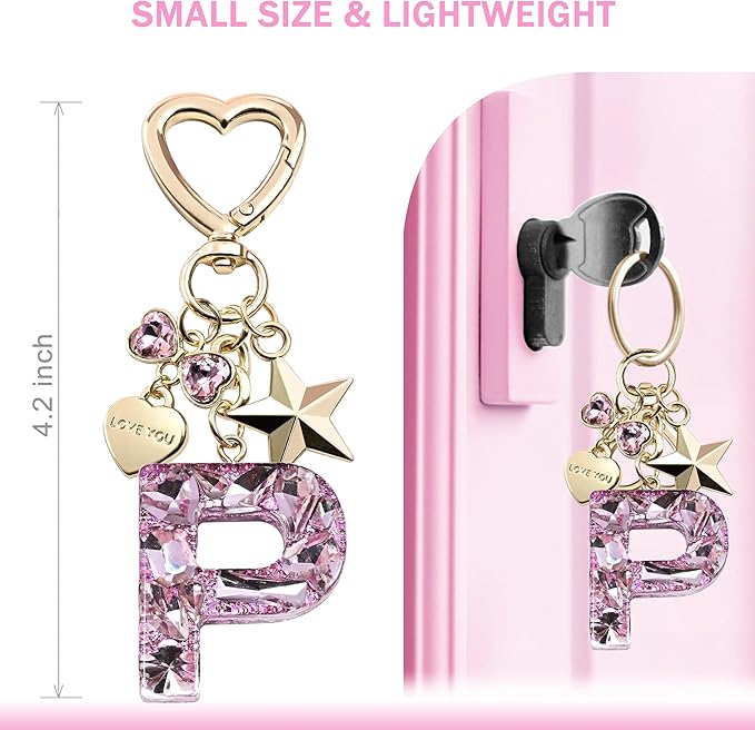 Cute Bling Keychain initial Letter Butterfly Star Pink Purple Gift for Women Girls Bag Cup Charms Accessories