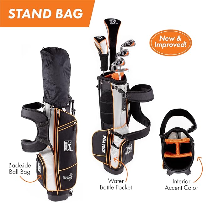 PGA Tour Youth Golf Club Set for Ages 8-12 (4’8”-5’2”) and 12+ (5’2”+), Right and Left-Handed Kids Golf Sets – Beginner Junior Golf Clubs with Lightweight Stand Bag, Mallet Putter, Hybrid, Driver