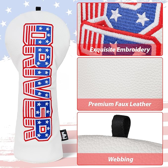 Craftsman Golf Headcover Set for Driver 3 5 Fairway Wood Hybrid Golf Club Head Cover, USA Flag Old Glory Design Golf Club Covers,Interchangeable Number Tag Offered