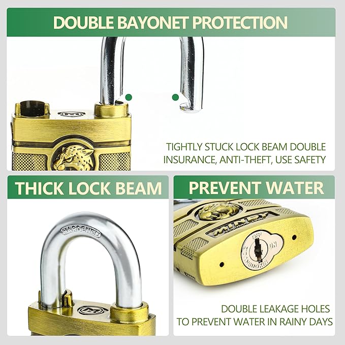 60mm Heavy Duty Waterproof Keyed Padlock with 4 Keys Brass Finish for Fences, Gates, Sheds