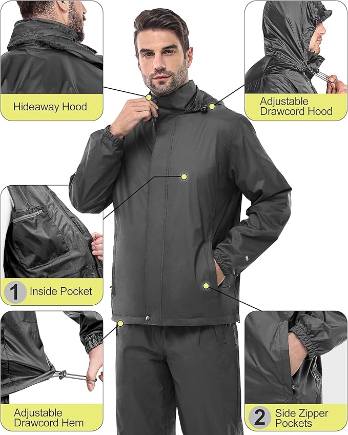 33,000ft Men's Rain Suit Packable Waterproof Lightweight Rain Gear for Golf Hiking Cycling 2 Pieces(Rain Jackets and Pants)