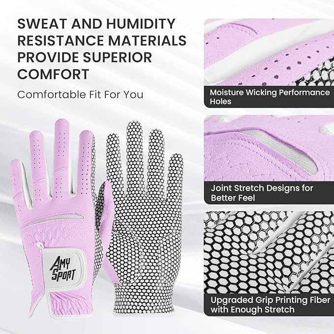 Amy Sport Golf Gloves Women's Upgrade Rain Grip Left Hand Weathersof Value 2 Pack, Right Handed Golfer Hot Wet All Weather Glove for Women Girls Ladies, Fit Size Small Medium Large
