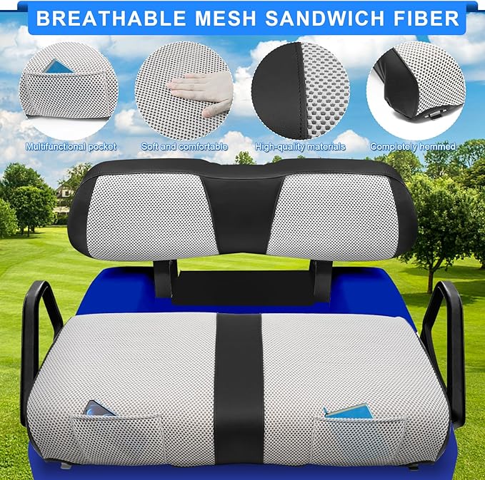 iLSKW Golf Cart Seat Covers for Club Car DS (20000 to Up) Seat Cover OEM Front,Breathable Fabric and Leather Front Seat Cover Like Gloves,Full Wrap-Around Design