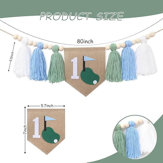 Golf Theme 1st Birthday Tassels High Chair Banner - Green Blue Golf Hole In One First Birthday Decorations