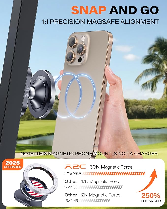 A2C American Flag Alloy Magnetic Golf Cart Phone Holder Compatible with MagSafe iPhone 12-17 Mini Fits EZGO, Club Car, Yamaha, Icon, Golf Accessories for Men Golfers Women Essentials Gift (US Flag)