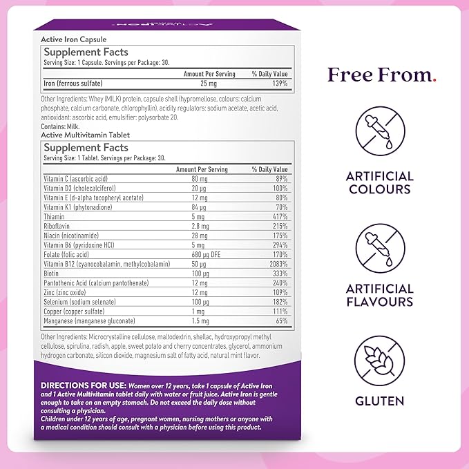 Active Iron Supplement 25mg + Multivitamin for Women – Clinically Proven to Increase Energy & Reduce Tiredness – Gentle, Non-Constipating Iron + Women’s Multivitamin – 30 Capsules + 30 Tablets