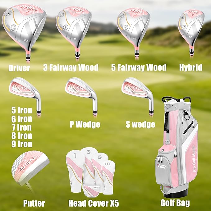 PGM 18 Piece Women's Golf Clubs Full Set for Right Handed, Complete Golf Set for Beginner to Intermediate Golfers with Driver, Woods, Hybrid, Irons, P/S Wedges, Putter, Headcovers and Stand Bag