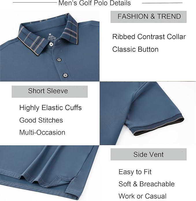 Alex Vando Mens Golf Shirts Moisture Wicking Quick-Dry Short Sleeve Fashion Designed Polo Shirts for Men