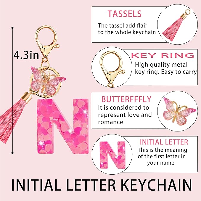 Suweibuke Colourful Cute Initial Letter Keychains for Women Girls with Tassel Butterfly, Charm for Purse Handbags Backpacks