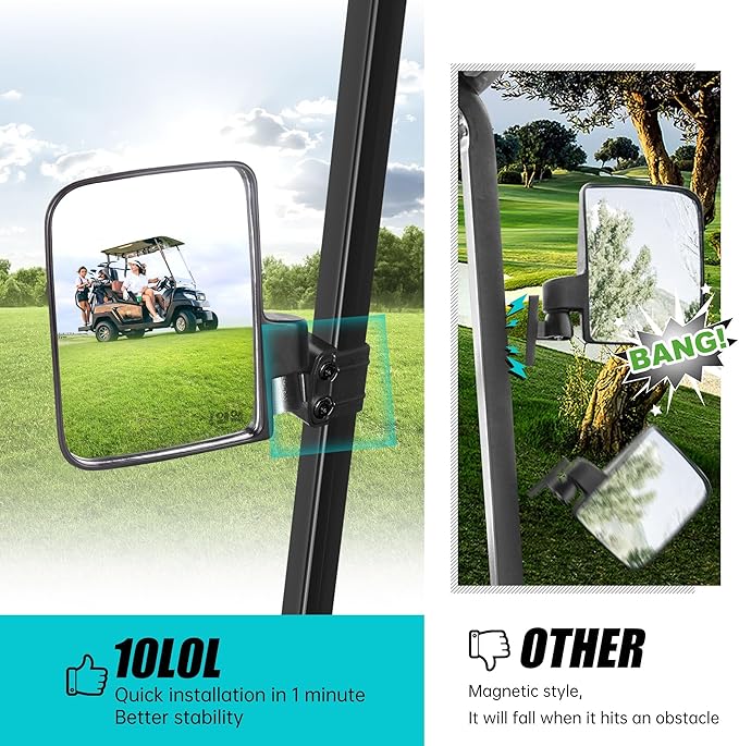 10L0L Golf Cart Mirror, No Drilling Extra Large Side View Mirror Universal for Yamaha, Club Car, EZGO, Folding Side Rear View Mirrors Adjustable 180 Degree