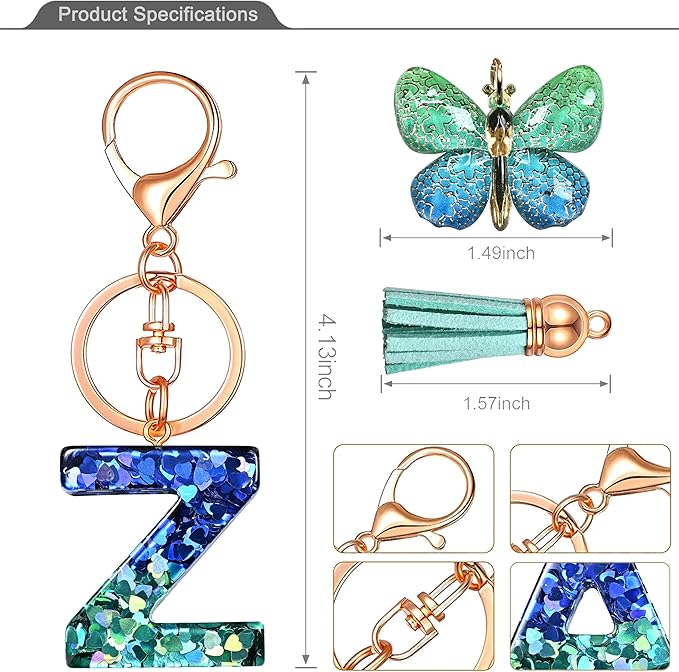 JINGUAZI Initial letter Keychains for Women Tassel Butterfly Pink Purple Cute Car Keychain for Wallet Backpack bag charm
