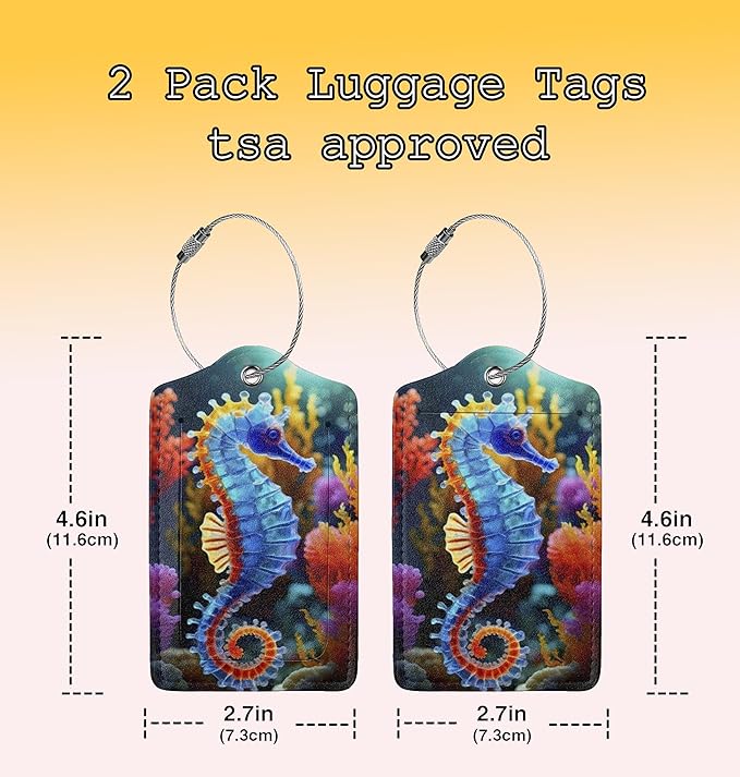TSA Approved Luggage Tags for Suitcases Seahorse 2 Pack Funny Leather Carnival Cruise Airport Cute Travel Name Tags Golf Bag tag Ships Essentials Privacy Cover ID Label for Women Men