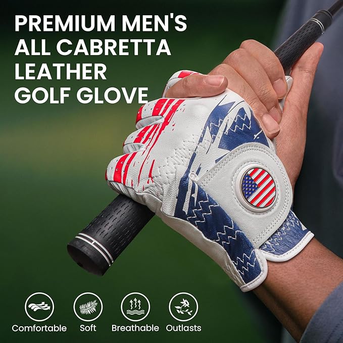 Golf Gloves Men All Premium Cabretta Leather 1 Pack with 2 Ball Marker, Mens Golf Glove Right Handed Golfer Left Hand All Weather Grip, Fit Size Small Medium ML Large XL