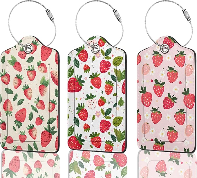 Luggage Tags for Suitcases Durable Leather Luggage Tags Cute Travel Name Tags for Cruise Ships Travel Essentials 3 Pack (Strawberry)