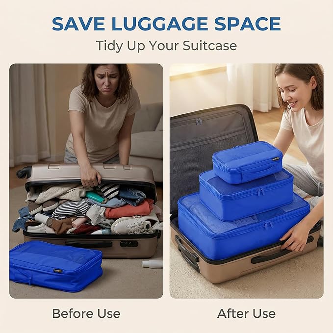4 Piece Compression Packing Cubes for Suitcases and Backpack, Lightweight Travel Organizer Bags (Dark Blue)