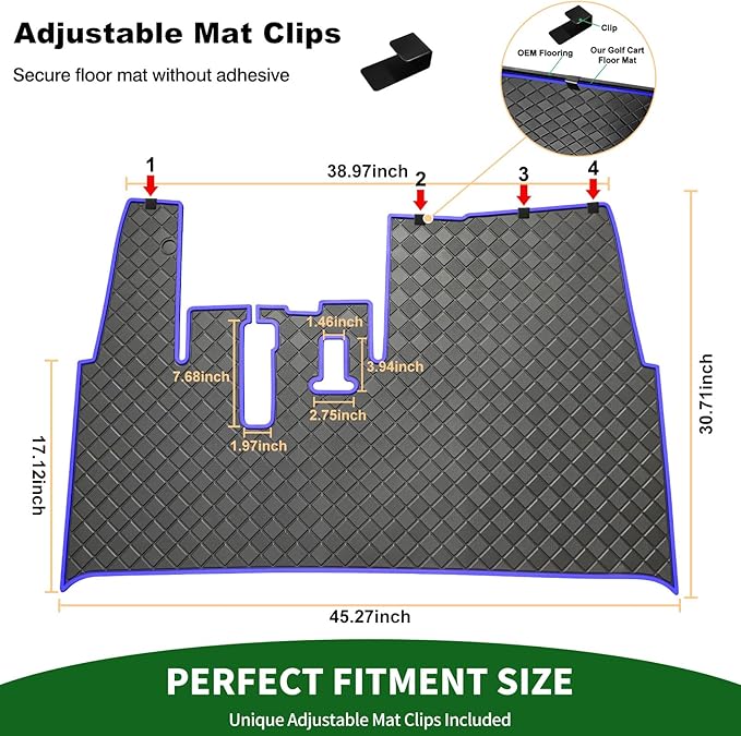 Golf Cart Floor Liner Mat 8mm Thick Rubber Full Coverage Fit for 2017-2025 Yamaha Drive2, QuieTech, Adventurer, UMAX Rally 4x4 Non-Slip Mats Replacement - Blue Trim
