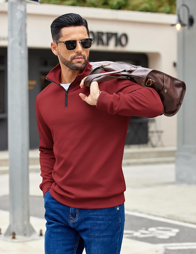 COOFANDY Mens Quarter Zip Pullover Sweatshirts Lightweight Long Sleeve Mock Neck Sweater Polo