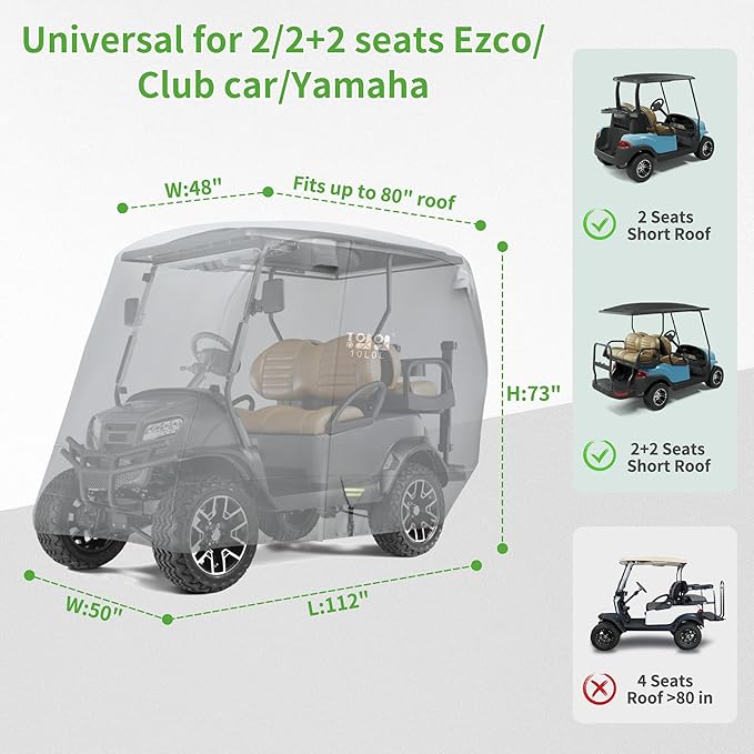 10L0L 2/4/4+2 Passenger Golf Cart Cover Upgrade Extended Roof, 600D Waterproof Snowproof Windproof Sunproof Durable Full Golf Cart Covers for Yamaha,EZGO,Club Car and Other