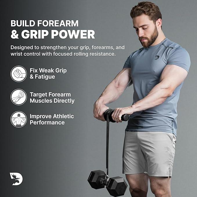 DMoose Fitness Forearm Strengthener & Wrist Roller - 2 in 1 Arm Exerciser with Non-Slip Premium Grip, Durable Nylon Rope - Helps with Elbow Tendonitis, Wrist Recovery & Strength Training (Patented)