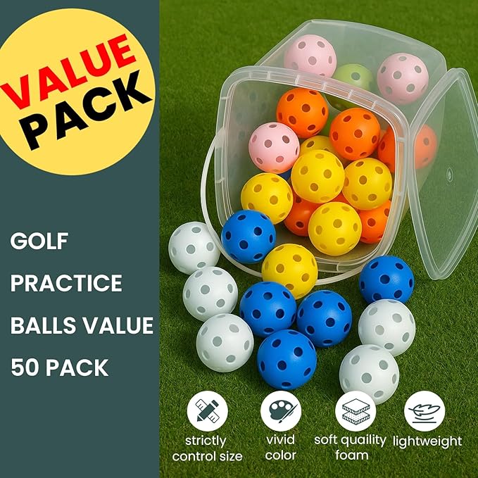Golf Practice Balls Plastic Value 50 Pack and Golf Ball Bucket with Handle, Limited Flight Sports Training Ball, Indoor Outdoor Backyard Garden Driving Range Use