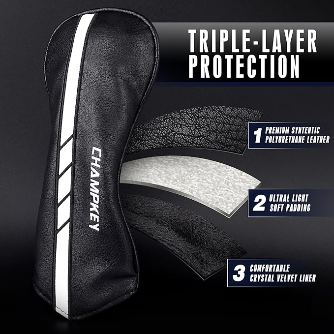CHAMPKEY Premium Golf Head Covers for Woods and Driver - Advanced Polyurethane Synthetic Leather Golf Club Covers - Choose Between Single Cover and Full Set Covers