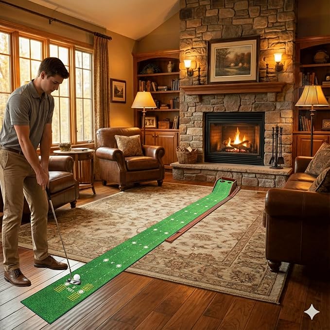 Putting Green Indoor with Three-Level Adjustable Incline, Auto Ball Return - Easy to Fold Solid Wood Base, Golf Training Aid for Home, Office, Backyard - Golf Putting Mat for Men