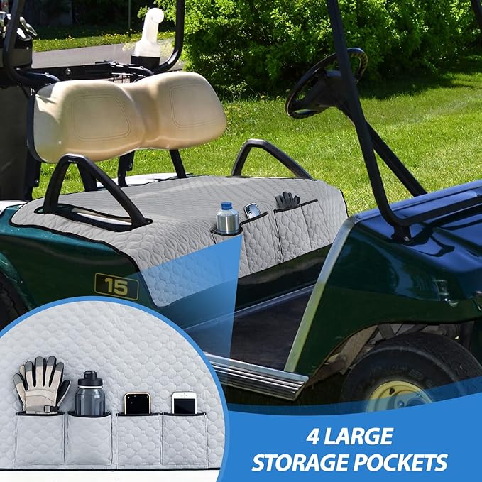2 Pcs Grey Golf Cart Seat Covers, 51"x 31" Cool and Sweat Absorption Golf Cart Seat Towel Blanket with 4 Front Pockets & Nonskid Pocket and Nonskid Bottom for Home, Party