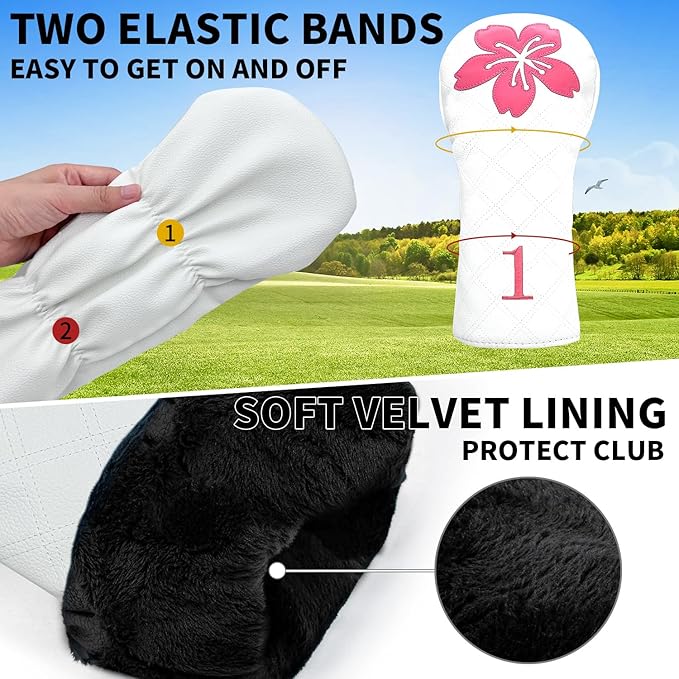 Grid Cherry Blossom Design Golf Covers PU Headcovers Set Fits Driver Fairway Wood Hybrid Utility Woods Iron Wedge Headcover, Premium Leather Golf Headcovers