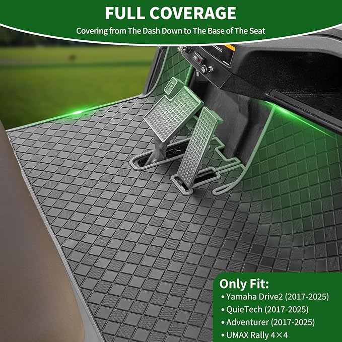 Golf Cart Floor Liner Mat 8mm Thick Rubber Full Coverage Fit for 2017-2025 Yamaha Drive2, QuieTech, Adventurer, UMAX Rally 4x4 Non-Slip Mats Replacement - Grey Trim