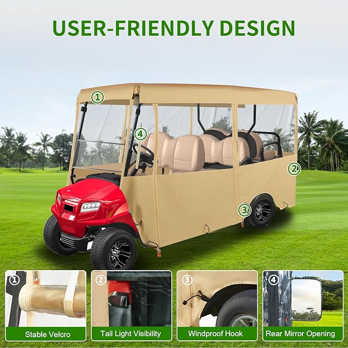 Tecoom Golf Cart Enclosure 2/4/6 Passenger, Golf Rain Cover 600D Waterproof Snowproof, Door Zippers, Clear Windows and Windproof Hooks, Universal Fit for EZGO, Yamaha, Club Car