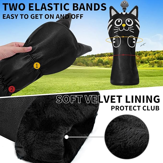 Golf Kitty Head Cover Golf Club White Leather Headcovers 1pc/4pcs Set Fits Driver Fairway Wood Hybrid Utility Putter Iron Wedge Headcover.