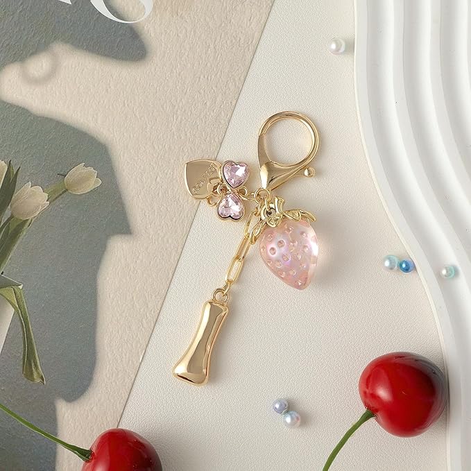 Snycler Bubble Initial Keychain with Strawberry & Bow- Gold Letter Bag Charms for Women, Cute Purse Handbag Accessories