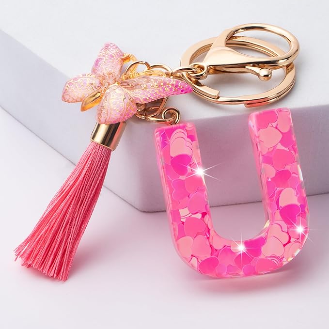 Suweibuke Colourful Cute Initial Letter Keychains for Women Girls with Tassel Butterfly, Charm for Purse Handbags Backpacks