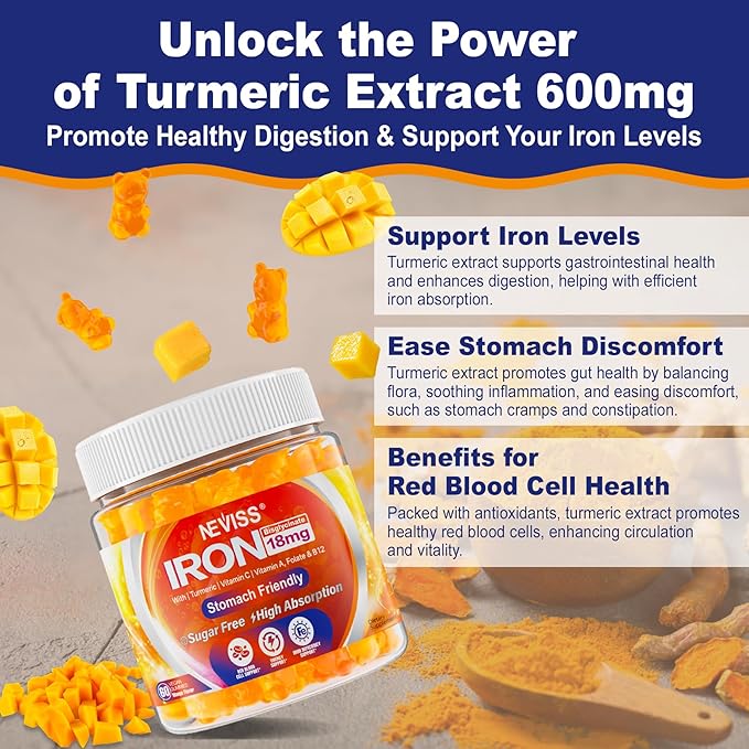 Vegan Iron Gummies Supplement with Vitamin C, B12, Folate & Turmeric - Energy & Immune Health | Gummy Iron Bisglycinate 18mg Gentle & Non-Constipating for Iron Deficiency, Anemia Women Men, 1 Pack