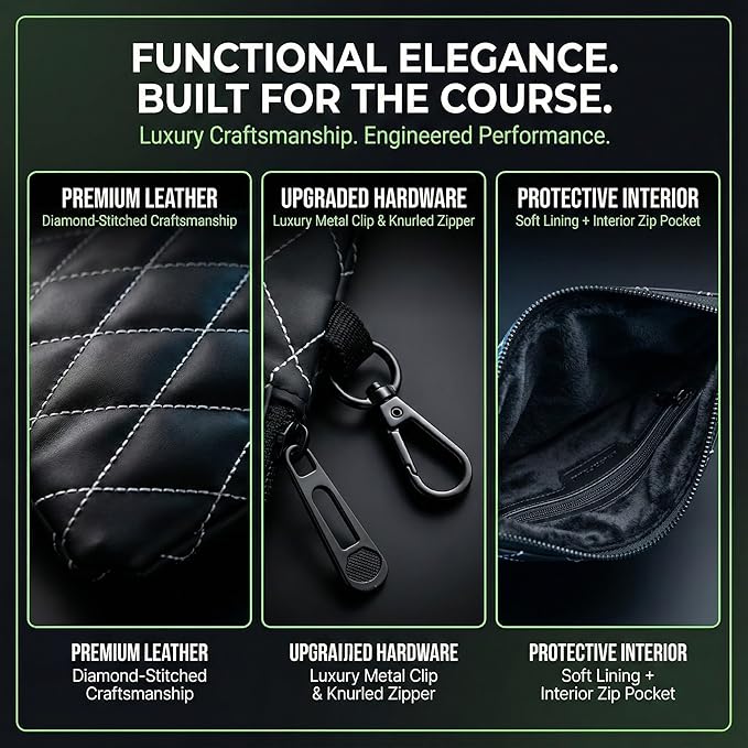 Premium Leather Golf/Travel Valuables Pouch – Luxury Zippered Utility Bag I Diamond Stitching I 360° Swivel Clip I Soft Interior for Golf Accessories & Travel Essentials (Black)