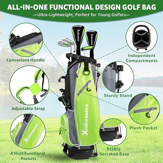 5/6 Pieces Kids Golf Club Set, Junior Golf Club Set Ages 4-12 Includes Stand Bag, 1# Drive, 5# Hybrid, 6/7#, 9/P# Irons and Putter Right Hand for Boys Girls