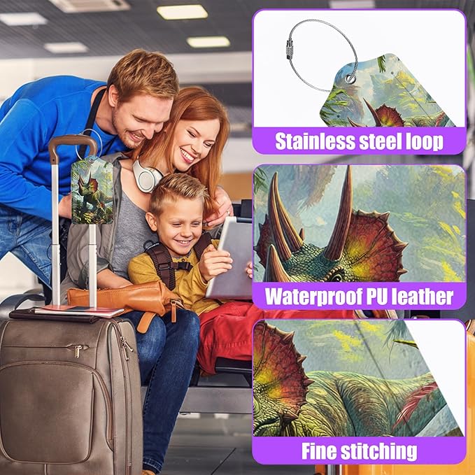 3 Pack Dinosaur Forest Luggage Tags for Suitcase Animal PU Leather Travel Luggage Tag Privacy Cover ID Label for Women Men Baggage Backpack Handbag School Bag