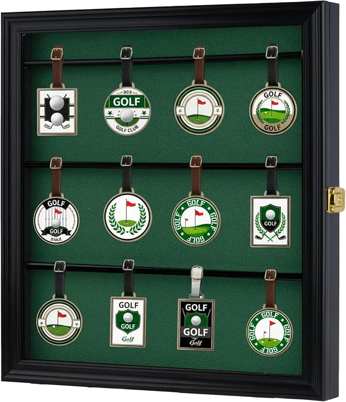 DisplayGifts Golf Bag Tag Display Case, UV-Protected Acrylic Wall-Mount Shadow Box with Green Felt Backing, Collector Cabinet for Personalized Golf Club Tags, 16 x 15.3 x 1.85 Inches, Black Finish