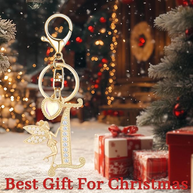 Gold Plated Alphabet Initial Letter Keyring Keychain for Women Girls Crystal Key Chains for Wallet Backpack Bag Charm