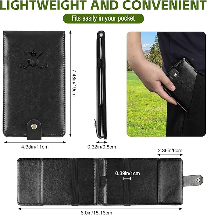 Archerest Magnetic Golf Scorecard Holder, 7.48" x 4.33" Premium Leather Yardage Book Cover Golf with A Pencil and Five Double Sided Printed Scorecards, Golf Accessories and Scorecard Book