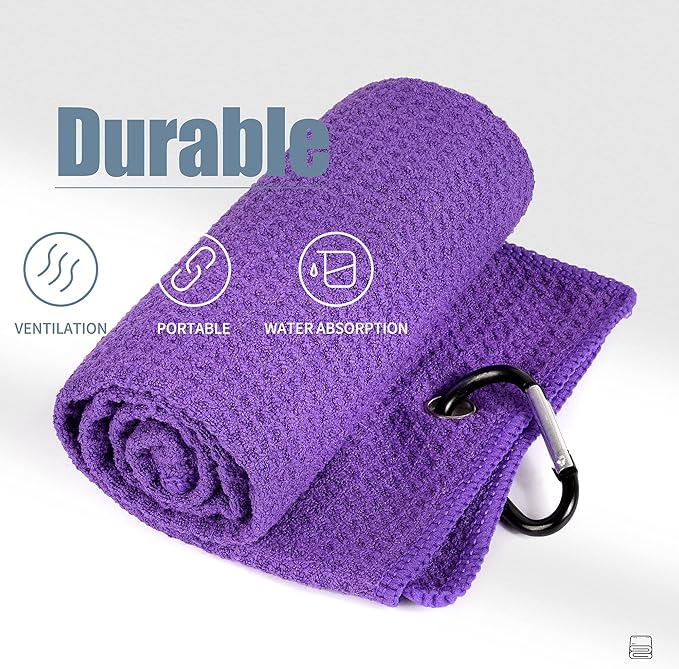 Mile High Life Tri-fold Golf Towel | 16" X 24" | Premium Microfiber Fabric | Waffle Pattern | with Heavy Duty Carabiner Clip | for Men and Women (Purple)