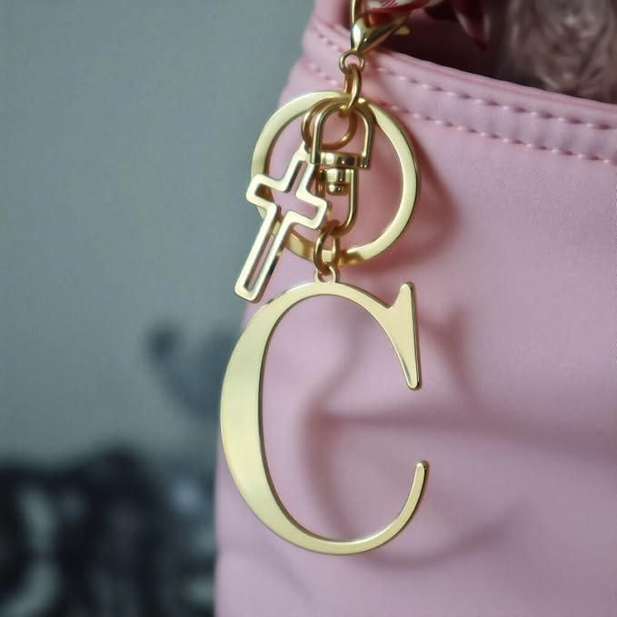 Gold Initial Keychain for Women A-Z Letter Cross Keychains Alphabet Key Chain bag Accessories Gift for Christian